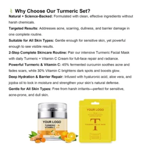 Private Label No Logo Turmeric Skin Care Set, Turmeric & VC Moisturizing Facial Cream with 2 Pcs Facial Mask
