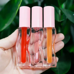 Private Label No Logo Fruit Flavor Plumping Lip Oil, Wavy Design Transparent Hydrating Lip Care Makeup