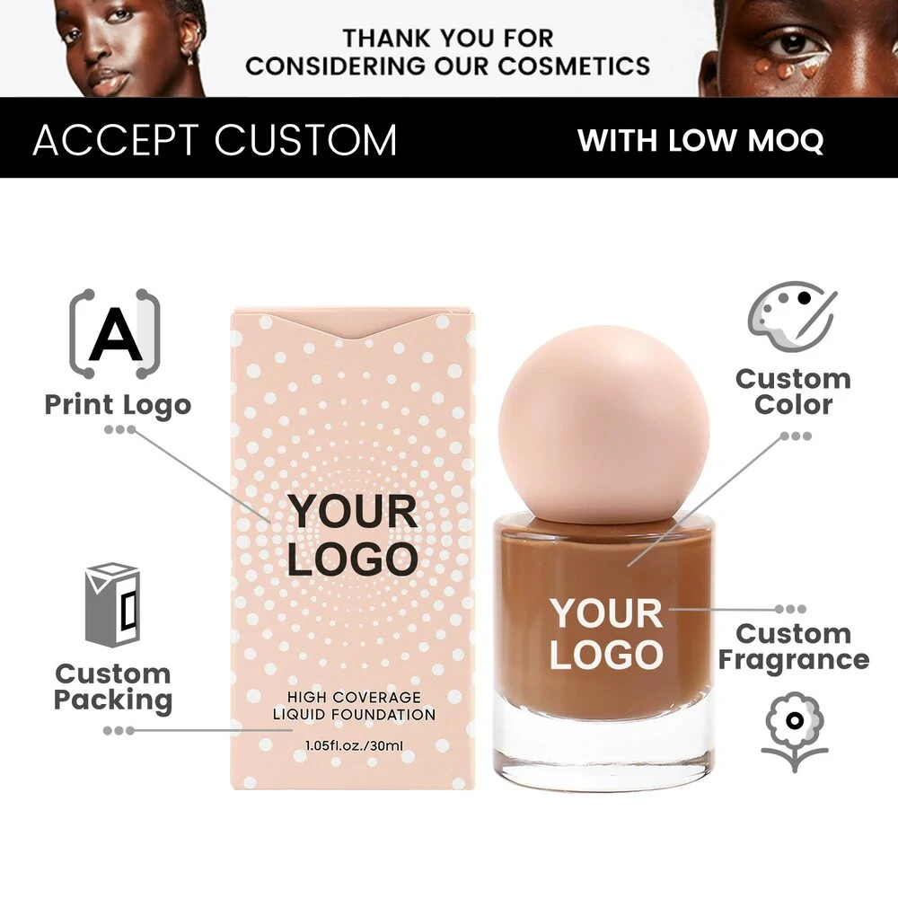 Small Batch Private Label No Logo 30ml Round Glass Bottle Waterproof Matte Liquid Foundation, Full Coverage Long Wear Base Makeup