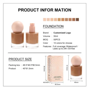 Small Batch Private Label No Logo 30ml Round Glass Bottle Waterproof Matte Liquid Foundation, Full Coverage Long Wear Base Makeup
