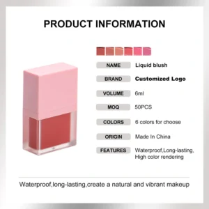 Small Batch Custom Private Label No Logo 6 Shades Highly Pigmented Liquid Blush, Fade Resistant Lightweight Facial Rouge
