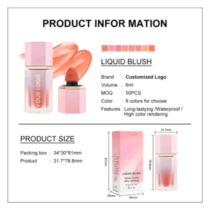 Small Batch Custom Private Label No Logo 8 Shades Liquid Blush, Highly Pigmented Lightweight Long Lasting Face Rouge