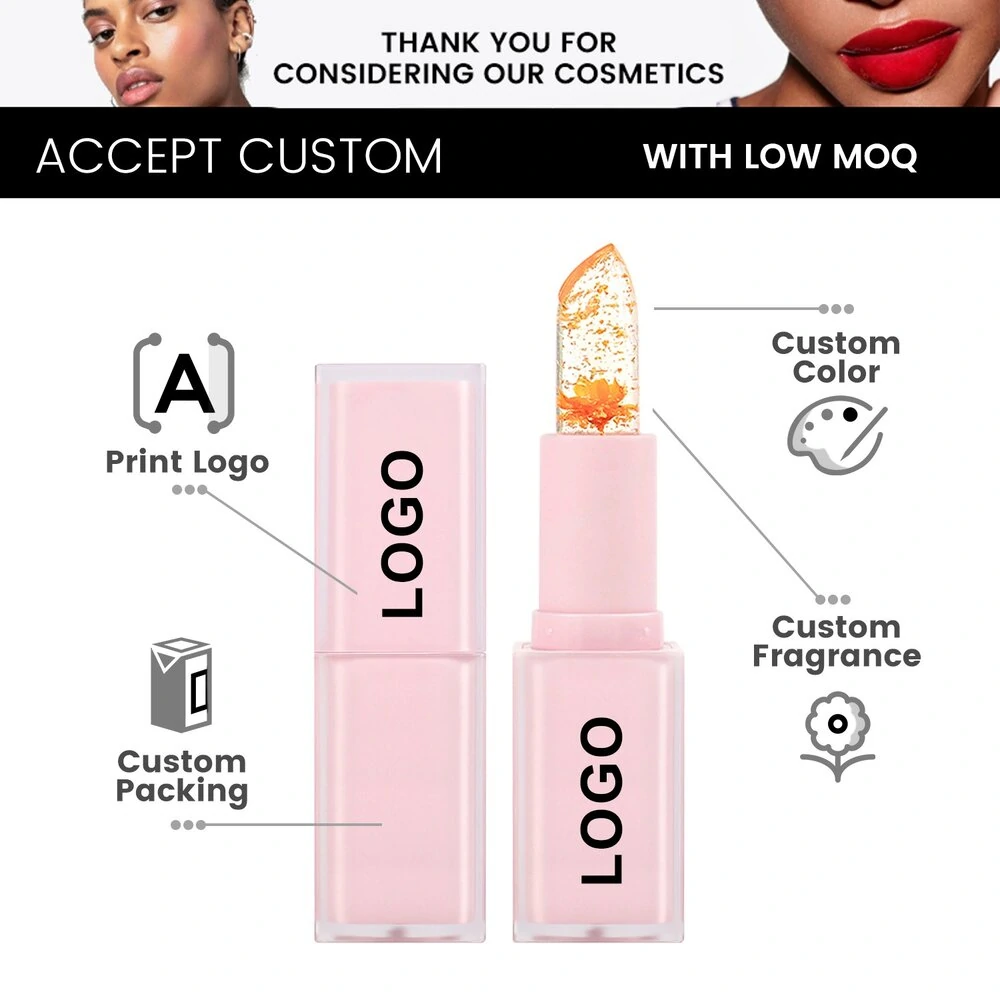 Small Batch Private Label No Logo Pink Square Tube Temperature Changing Flower Lipstick, Hydrating Nourishing Daily Lip Makeup