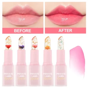 Small Batch Private Label No Logo Pink Square Tube Temperature Changing Flower Lipstick, Hydrating Nourishing Daily Lip Makeup