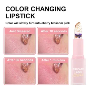 Small Batch Private Label No Logo Pink Square Tube Temperature Changing Flower Lipstick, Hydrating Nourishing Daily Lip Makeup