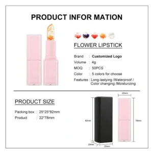Small Batch Private Label No Logo Pink Square Tube Temperature Changing Flower Lipstick, Hydrating Nourishing Daily Lip Makeup